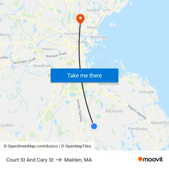 Court St And Cary St to Malden, MA map