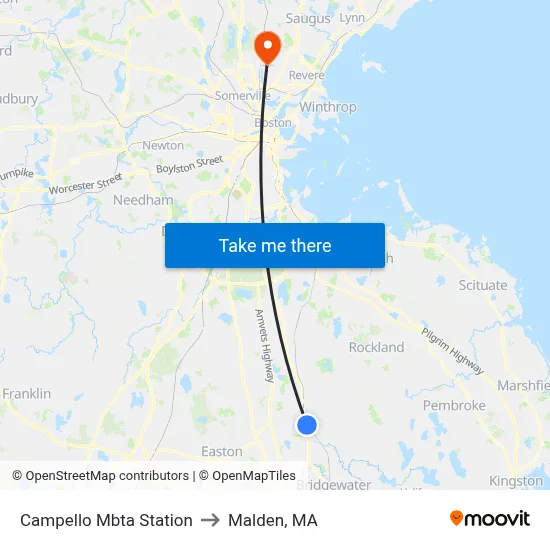 Campello Mbta Station to Malden, MA map