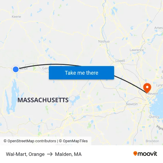 Wal-Mart, Orange to Malden, MA map