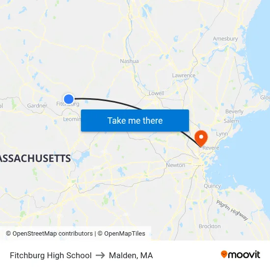 Fitchburg High School to Malden, MA map