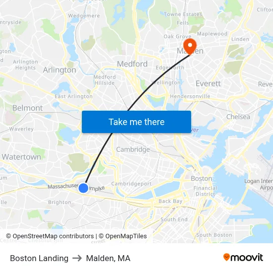 Boston Landing to Malden, MA map