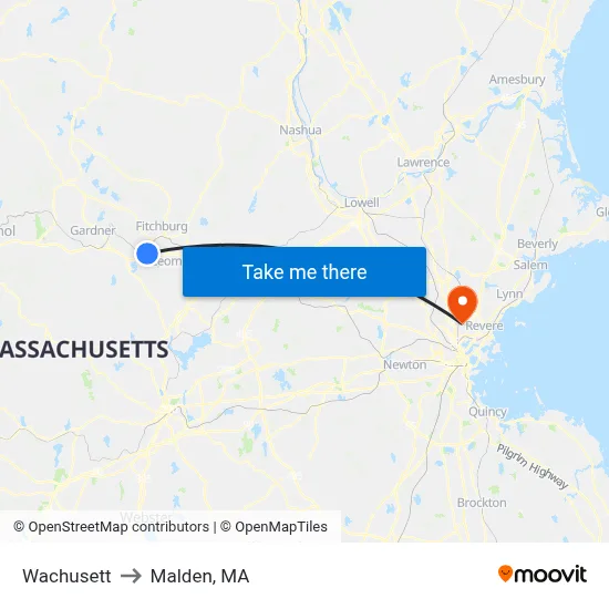 Wachusett to Malden, MA map