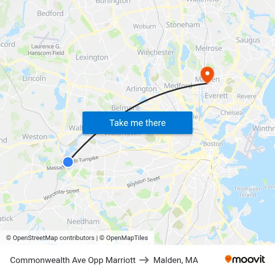 Commonwealth Ave Opp Marriott to Malden, MA map