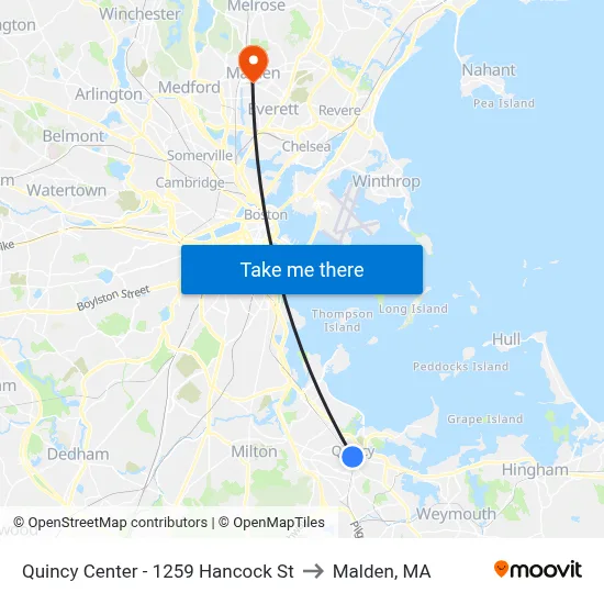 Quincy Center - 1259 Hancock St to Malden, MA map