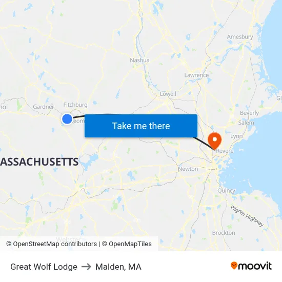 Great Wolf Lodge to Malden, MA map