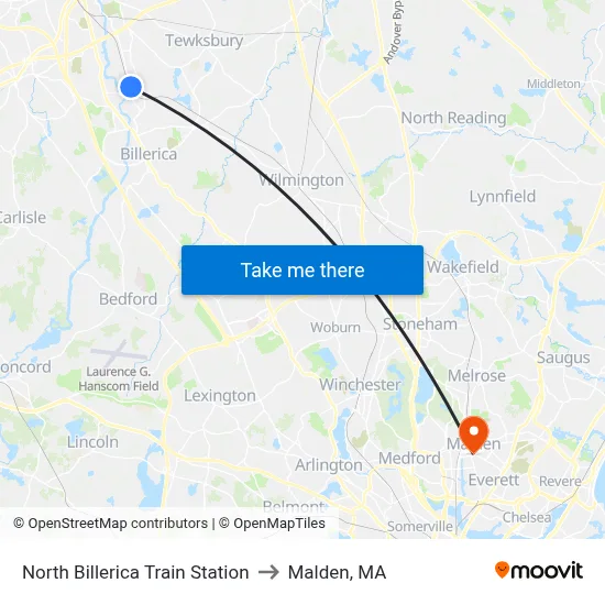 North Billerica Train Station to Malden, MA map