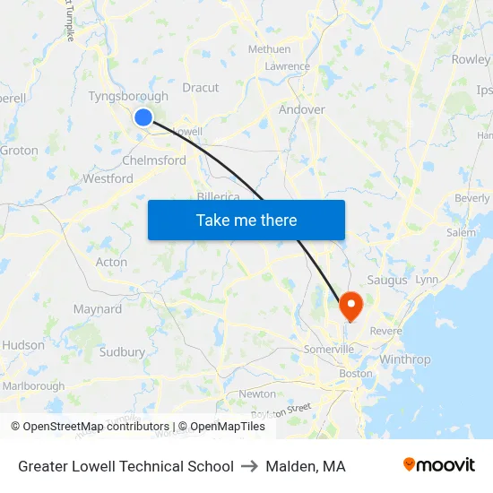 Greater Lowell Technical School to Malden, MA map