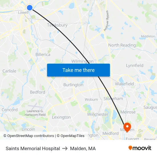 Saints Memorial Hospital to Malden, MA map