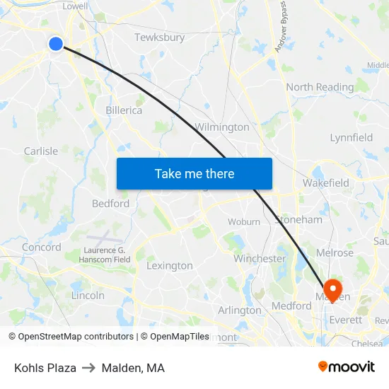 Kohls Plaza to Malden, MA map
