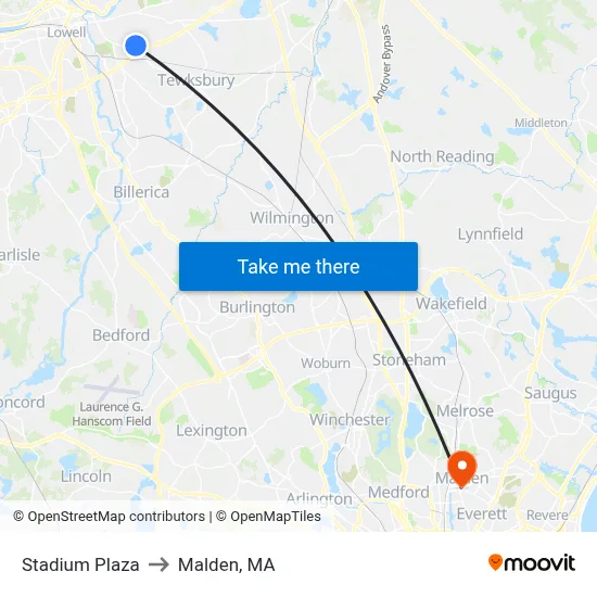 Stadium Plaza to Malden, MA map