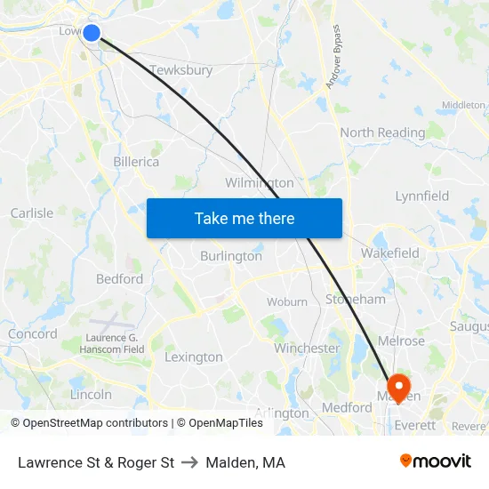 Lawrence St & Roger St to Malden, MA map