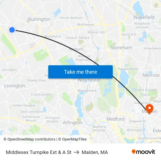 Middlesex Turnpike Ext & A St to Malden, MA map