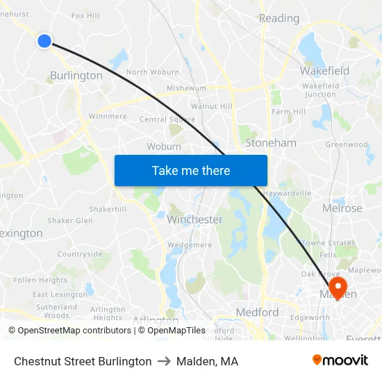 Chestnut Street Burlington to Malden, MA map