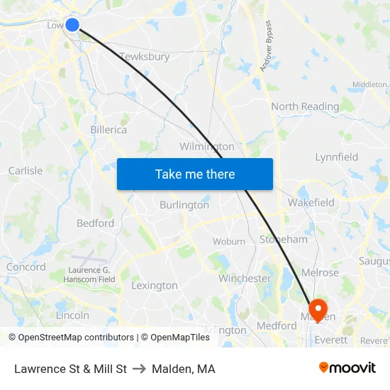Lawrence St & Mill St to Malden, MA map