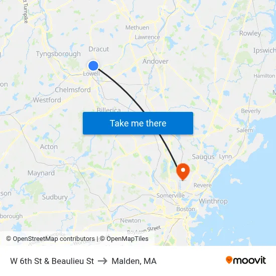 W 6th St & Beaulieu St to Malden, MA map
