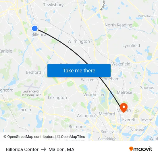 Billerica Center to Malden, MA map