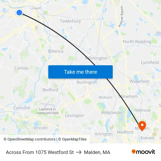 Across From 1075 Westford St to Malden, MA map