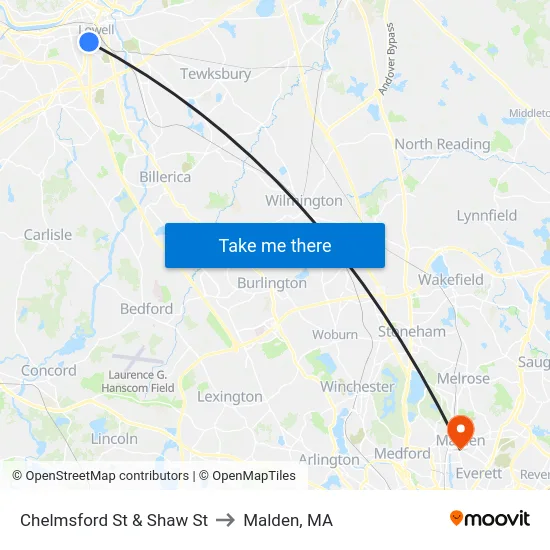 Chelmsford St & Shaw St to Malden, MA map