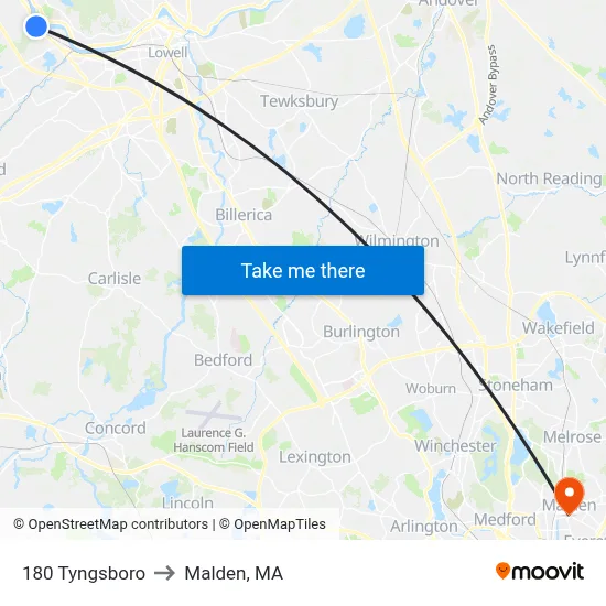 180 Tyngsboro to Malden, MA map