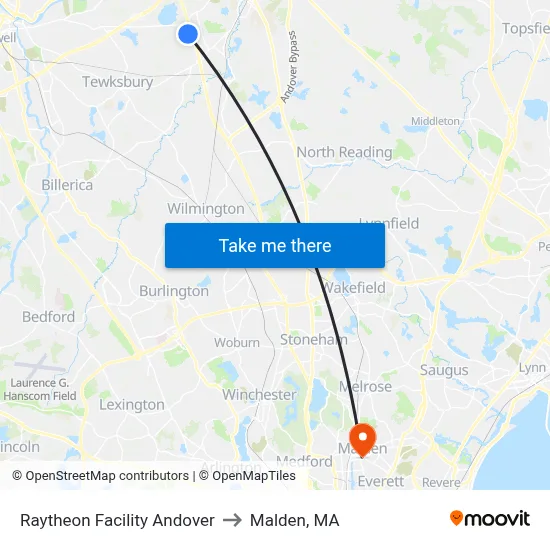 Raytheon Facility Andover to Malden, MA map