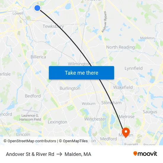 Andover St & River Rd to Malden, MA map