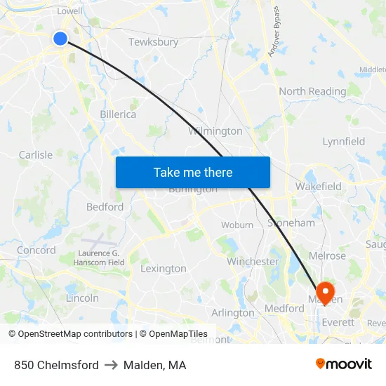 850 Chelmsford to Malden, MA map