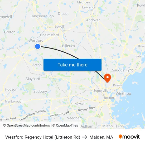 Westford Regency Hotel (Littleton Rd) to Malden, MA map