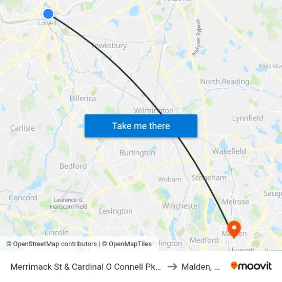 Merrimack St & Cardinal O Connell Pkwy to Malden, MA map