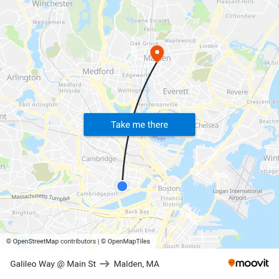 Galileo Way @ Main St to Malden, MA map