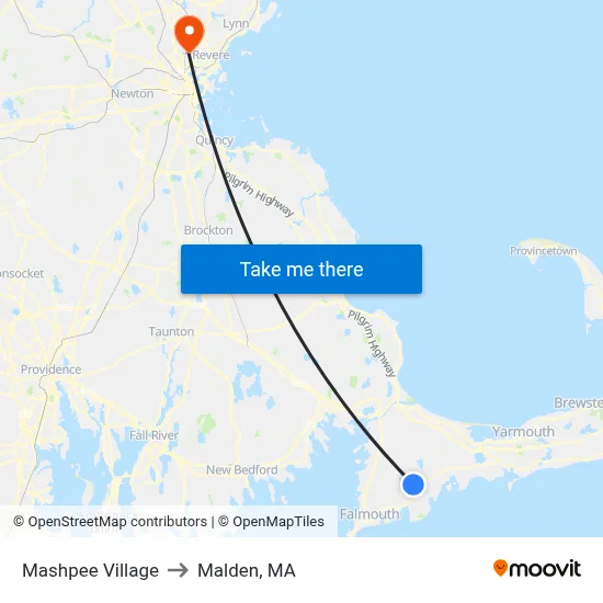 Mashpee Village to Malden, MA map