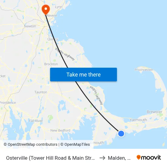Osterville (Tower Hill Road & Main Street) to Malden, MA map