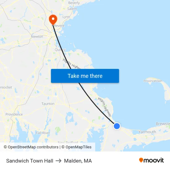 Sandwich Town Hall to Malden, MA map