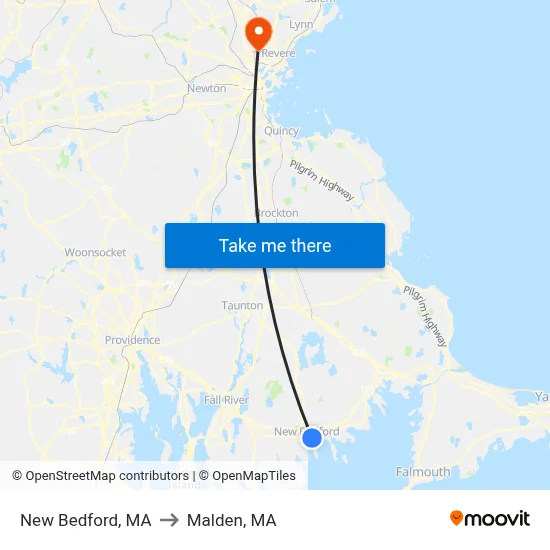 New Bedford, MA to Malden, MA map