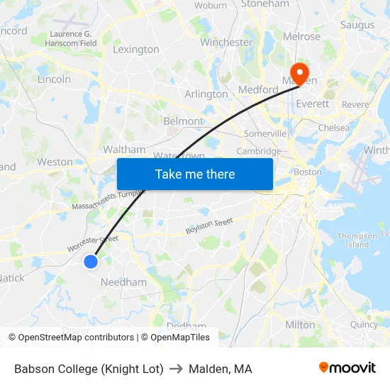Babson College (Knight Lot) to Malden, MA map