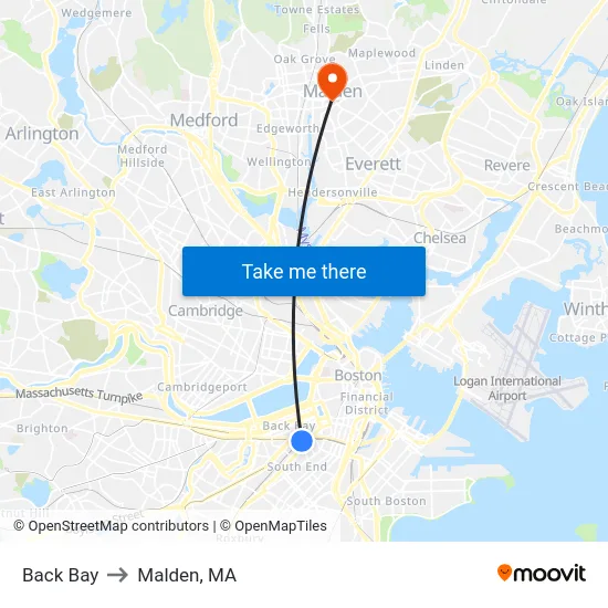 Back Bay to Malden, MA map
