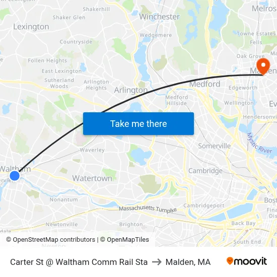 Carter St @ Waltham Comm Rail Sta to Malden, MA map