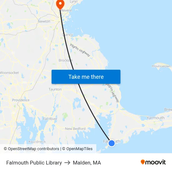 Falmouth Public Library to Malden, MA map