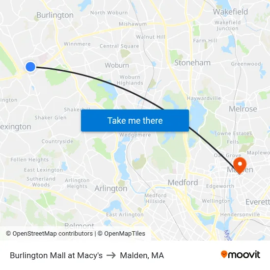 Burlington Mall at Macy's to Malden, MA map