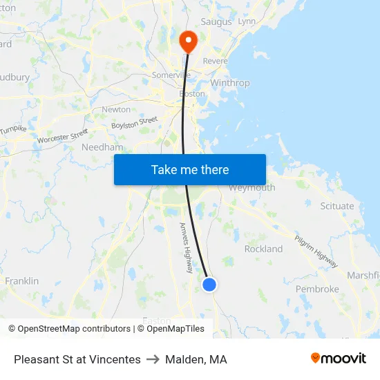 Pleasant St at Vincentes to Malden, MA map