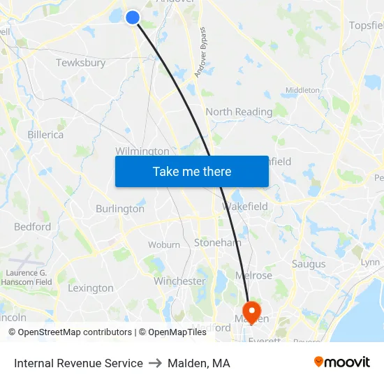 Internal Revenue Service to Malden, MA map