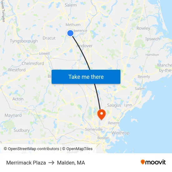 Merrimack Plaza to Malden, MA map
