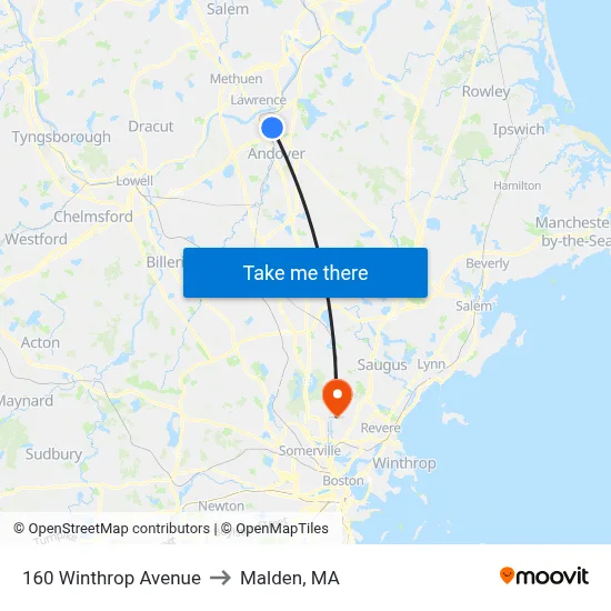 160 Winthrop Avenue to Malden, MA map