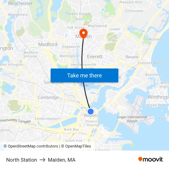 North Station to Malden, MA map