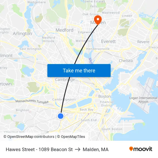 Hawes Street - 1089 Beacon St to Malden, MA map