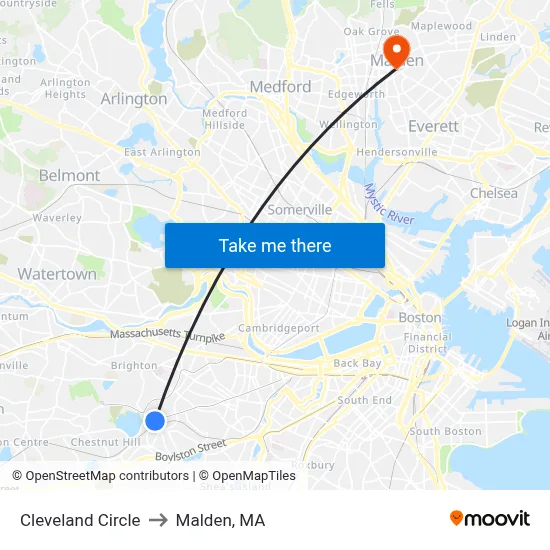 Cleveland Circle to Malden, MA map