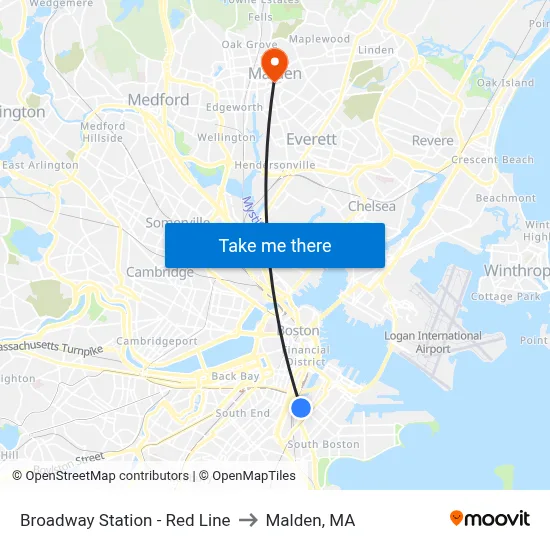 Broadway Station - Red Line to Malden, MA map