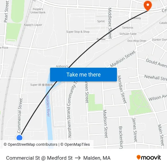 Commercial St @ Medford St to Malden, MA map