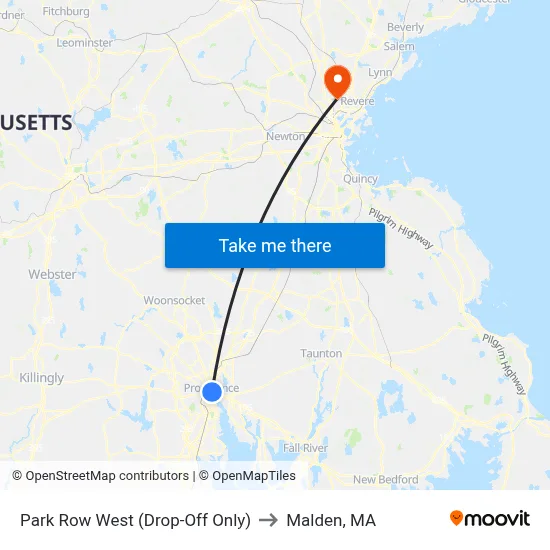 Park Row West (Drop-Off Only) to Malden, MA map