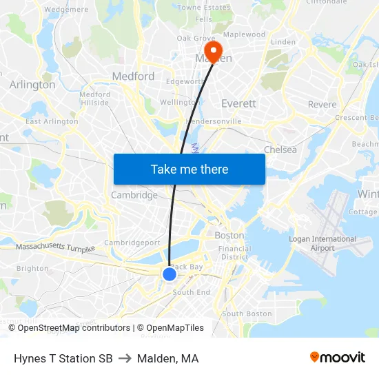 Hynes T Station SB to Malden, MA map