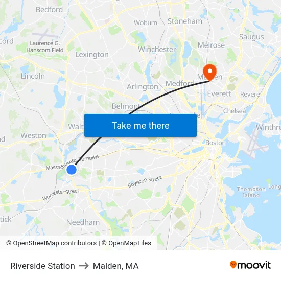 Riverside Station to Malden, MA map